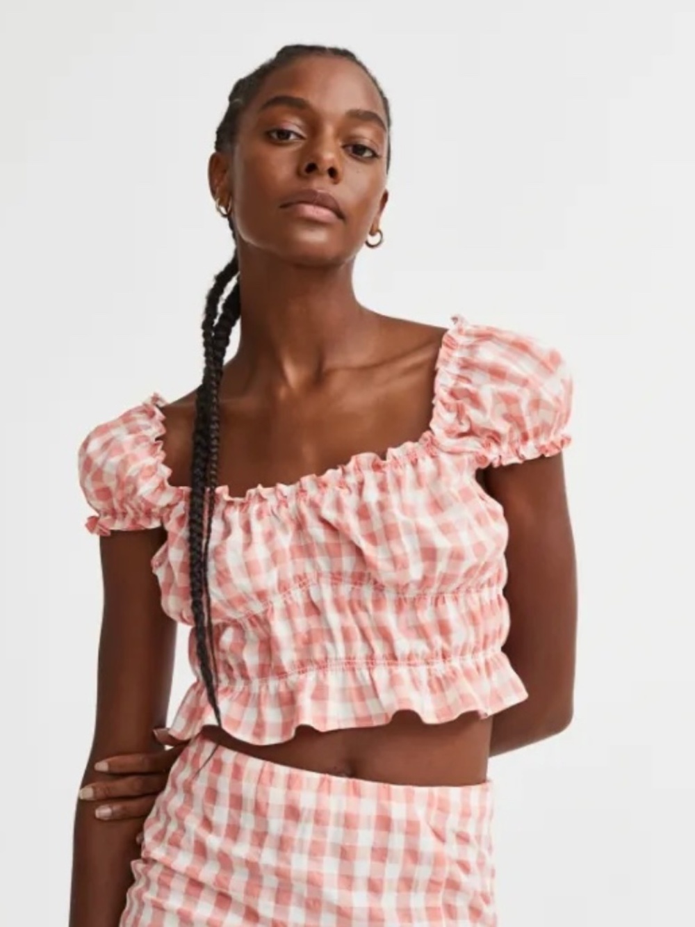 H&M Pink & White Gingham Check Ruffled Blouse Crop Top BNWT